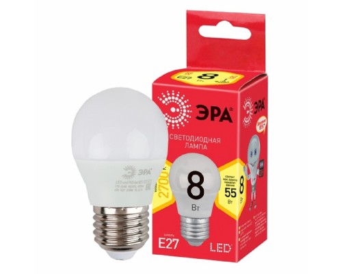 [ЭРА Светодиодные лампы] ЭРА Б0053028 Лампочка светодиодная RED LINE LED P45-8W-827-E27 R Е27 / E27 8 Вт шар теплый белый свет 