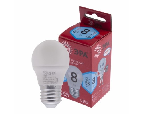 [ЭРА Светодиодные лампы] ЭРА Б0049645 Лампочка светодиодная RED LINE LED P45-8W-840-E27 R E27 / Е27 8Вт шар нейтральный белый свет
